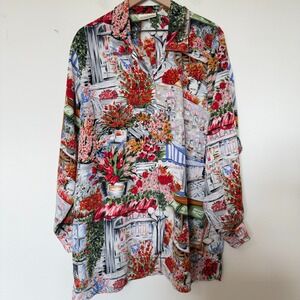 VTG 90s Women Parisian Button Front Top 1X Lagenlook Artsy Roses Chic Watercolor